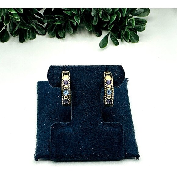 Gold Tone Twisted Rope Design Blue Topaz Hoop Clip on Earrings - Picture 2 of 6